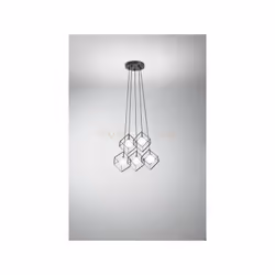 Sospensione 5 luci con struttura in metallo verniciatoa polvere colore nero opaco forma cubo . Diffusore sferico in vetro bia ...