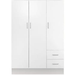 Armadio a tre a ante e due cassetti con ripiani e barra appendiabiti, colore bianco, cm 120 x 50 x 170