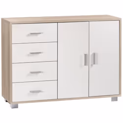 Mobile madia contenitore colore struttura olmo chiaro e frontale bianco fiammato a 2 ante battenti e 4 cassetti. Dimensione i ...