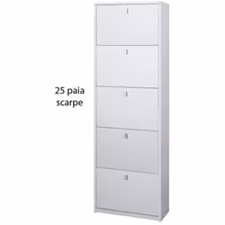 Mobile scarpiera slim colore bianco fiammato venato con 5 ante a ribalta doppia profondità, misure 63x29x190 cm capacità 25 p ...