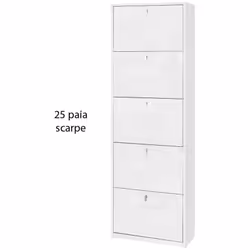 Mobile scarpiera slim colore ossido bianco con 5 ante a ribalta doppia profondità, misure 63x29x190 cm capacità 25 paia di sc ...