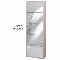 Mobile scarpiera slim colore olmo chiaro con 5 ante a specchio ribalta doppia profondità, misure 63x29x190 cm capacità 25 pai ...