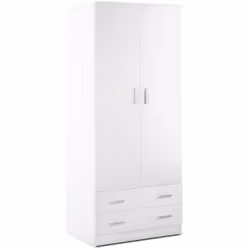 Armadio guardaroba multiuso alto a 2 ante battenti con asta appendiabiti e 2 cassetti, colore bianco opaco liscio. Misura 77x ...
