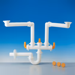 Sifone salvaspazio per lavelli a due vasche,senza pilette,completi di raccordi in polypropylene Ø 40