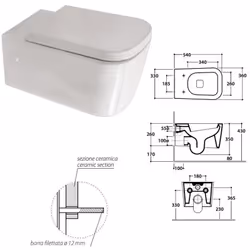 Vaso Sospeso cm 54 con scarico a parete Kit di fissaggio per vaso con sistema dal basso nascosto Incluso Sedile Termoindurent ...