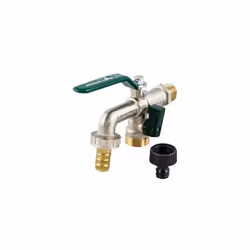 Rubinetto a sfera EOLO DUPLEX NO FROST con portagomma e leva acciaio piatta verde. Temperatura max di esercizio: 120°C . Temp ...