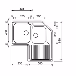 CM Zenith 83x83 2V, Lavello ad incasso, Angolo, Acciaio inox, Acciaio inox, 2 ciotole, Rettangolare