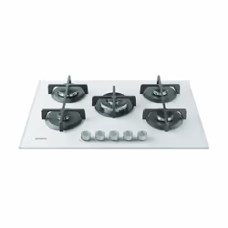 Indesit ING 72T/WH 1 piano gas vetro bianco 75cm 5 fuochi bruciatore doppia corona griglie in ghisa lavabili in lavastoviglie