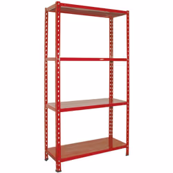 Composto da 4 ripiani Bulloni e piedini Portata per piano 40 kg Colore rosso/bianco Dimensioni 75x30xH150 cm