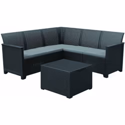 DESIGN ELEGANTE : divano angolare a 5 posti da esterno elegante con finitura in trama rattan, cuscini inclusi. Tavolino inclu ...