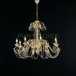 Lampadario in ferro laccato avorio con decorazione effetto decapè e rifiniture oro antico con strass in cristallo 8 luci