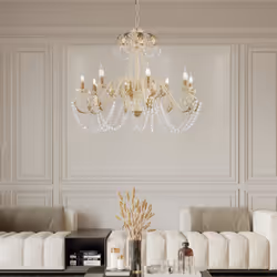 Lampadario in ferro laccato avorio con decorazione effetto decapè e rifiniture oro antico con strass in cristallo 8 luci - Vista aggiuntiva 3