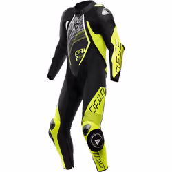 Dainese Audax D-Zip tuta in pelle da moto traforata in 1 pezzo, nero-bianco-giallo, dimensione 52 per uomo