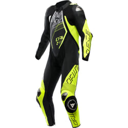 Dainese Audax D-Zip tuta in pelle da moto traforata in 1 pezzo, nero-bianco-giallo, dimensione 52 per uomo