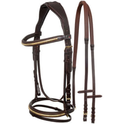 Briglia inglese in cuoio con clincher color ottone e redini in gomma: Full, Marrone Scuro