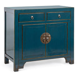 Credenza 'Jinan', struttura in legno di olmo riciclato, con finitura lucida, maniglie in rame -2 Ante - 2 Cassetti / Blu