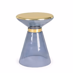 STRUTTURA IN VETRO CON ANELLO DECORATIVO E PIANO RIVESTITO IN ACCIAIO PLACCATO OTTONE, COLORE ORO.