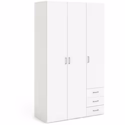 Armadio guardaroba a tre ante battenti e tre cassetti, interamente di colore bianco sia dentro che fuori, dotato di eleganti  ...