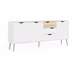 Credenza a tre ante e tre cassetti interamente di colore bianco con il dettaglio di un cassetto di colore rovere. Rialzata da ...