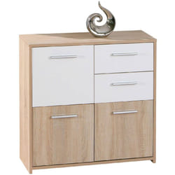 Credenza a tre ante e due cassetti, colore bianco e rovere, Misure 77 x 77 x 30 cm, con imballo rinforzato - Dmora