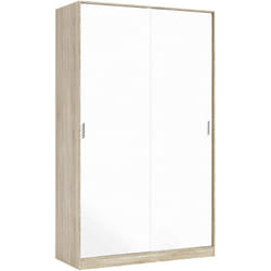 Guardaroba Waterbury, Armadio per camera da letto a 2 ante scorrevoli, Mobile con 3 ripiani e barra appendiabiti, cm 120x50h200, Rovere e Bianco, con
