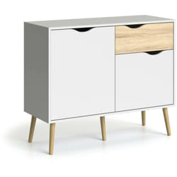 Credenza a due ante e un cassetto, colore bianco e rovere, Misure 98 x 81 x 39 cm, con imballo rinforzato - Dmora