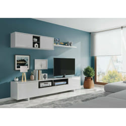 Dmora Parete attrezzata Hartford, Mobile da soggiorno porta TV, Composizione set salotto, Set salotto con pensile, cm 260x41h46, Bianco lucido, con