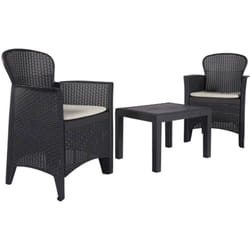 Set salotto da esterno Foggia, Set da giardino con 2 poltrone ed 1 tavolino, Salottino effetto rattan con cuscini, 100% Made in Italy, Antracite, con