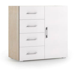 Credenza Violetta, Mobile buffet a 1 anta e 4 cassetti, Madia da soggiorno, Armadietto multiuso con ripiani, 100% Made in Italy, Cm 90x41h87, Bianco