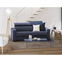 Divano fisso Vigolana, Divano a 3 posti, Made in Italy, SofÃ  Soggiorno, in tessuto imbottito, con poggiatesta regolabili e Braccioli slim, cm 200x95h85, Blu