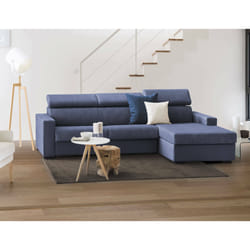 Divano fisso Angera, Divano ad angolo, Made in Italy, SofÃ  Soggiorno con chaise longue, in tessuto imbottito - Penisola contenitore Destra, con Braccioli slim, cm 260x95h85, Blu