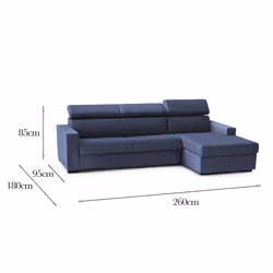 Divano fisso Angera, Divano ad angolo, Made in Italy, SofÃ  Soggiorno con chaise longue, in tessuto imbottito - Penisola contenitore Destra, con Braccioli slim, cm 260x95h85, Blu