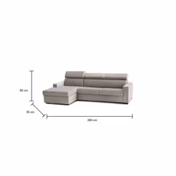 Divano Letto Aloet, Divano ad angolo, Made in Italy, SofÃ  con apertura girevole, con Penisola contenitore Sinistra, con Braccioli slim, cm 260x95h85, Tortora