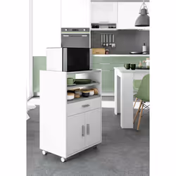 Carrello Akea, Mobile ausiliare per cucina con ruote, Armadio multiuso con 2 ante e 1 ripiano, cm 59x40h92, Bianco