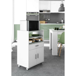 Carrello Akea, Mobile ausiliare per cucina con ruote, Armadio multiuso con 2 ante e 1 ripiano, cm 59x40h92, Bianco