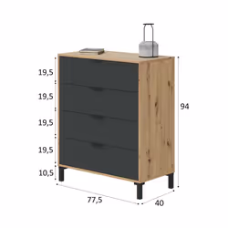 Cassettiera Alfana, Settimanale a 4 cassetti, Mobile ComÃ² per camera da letto, ComÃ² moderno, cm 76x40h94, Rovere nodi e Antracite
