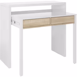 SCRIVANIA - Scrivania con piano estensibile, Scrittoio porta PC con 2 cassetti, 99x36h88 cm, Bianco e Rovere. STRUTTURA E UTI ...