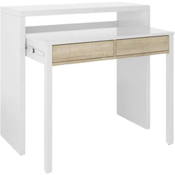 Dmora - Scrivania Andriy, Scrivania con piano estensibile, Scrittoio porta pc con 2 cassetti, 99x36h88 cm, Bianco e Rovere