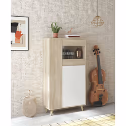 Vetrina Altavista, Vetrinetta moderna a 3 ante, Credenza da soggiorno o salotto, Madia alta con ripiani, cm 77x33h142, Rovere ...