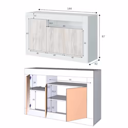 Credenza Ilizia, Madia moderna a 3 ante, Buffet da soggiorno porta TV, cm 144x42h87, Bianco - Vista aggiuntiva 3