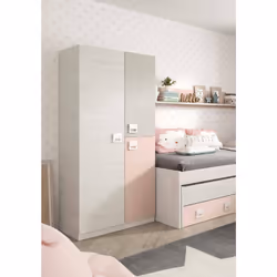 Guardaroba Aronia, Armadio per cameretta, Mobile a 3 ante e 3 ripiani con barra appendiabiti, cm 90x52h200, Grigio e Rosa