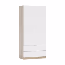 Guardaroba Appadu, Armadio per camera da letto a 2 ante e 2 cassetti, Mobile con barra appendiabiti, cm 82x52h180, Bianco e Rovere
