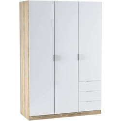 Guardaroba 3 ante Apaches, Armadio per camera da letto 3 cassetti, Mobile con barra appendiabiti e 3 ripiani, 121x52h180 cm, Bianco e Rovere - Dmora
