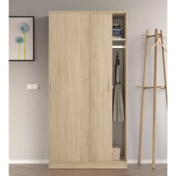 Guardaroba Alt, Armadio per camera da letto a 2 ante scorrevoli, Mobile con ripiano e barra appendiabiti, cm 100x50h200, Rovere