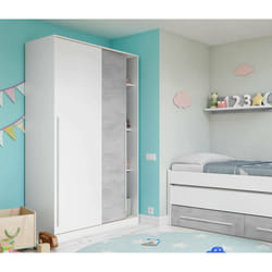 Guardaroba Aristode, Armadio per camera da letto a 2 ante scorrevoli, Mobile con barra appendiabiti e 3 ripiani, cm 120x50h200, Cemento e Bianco