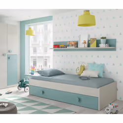 Letto singolo Aqua, Struttura letto per cameretta, Letto singolo con lettino estraibile o cassettone e mensola abbinata, cm 1 ...