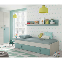 Letto singolo Aqua, Struttura letto per cameretta, Letto singolo con lettino estraibile o cassettone e mensola abbinata, cm 199x95h65, Bianco e Verde acqua