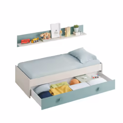 Letto singolo Aqua, Struttura letto per cameretta, Letto singolo con lettino estraibile o cassettone e mensola abbinata, cm 199x95h65, Bianco e Verde acqua - Vista aggiuntiva 4