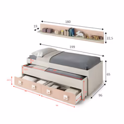 Letto singolo Asi, Struttura letto per cameretta, Letto singolo con lettino estraibile e 2 cassetti e mensola abbinata, cm 199x96h65, Bianco e Rosa