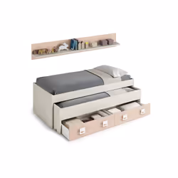 Letto singolo Asi, Struttura letto per cameretta, Letto singolo con lettino estraibile e 2 cassetti e mensola abbinata, cm 199x96h65, Bianco e Rosa - Vista aggiuntiva 4